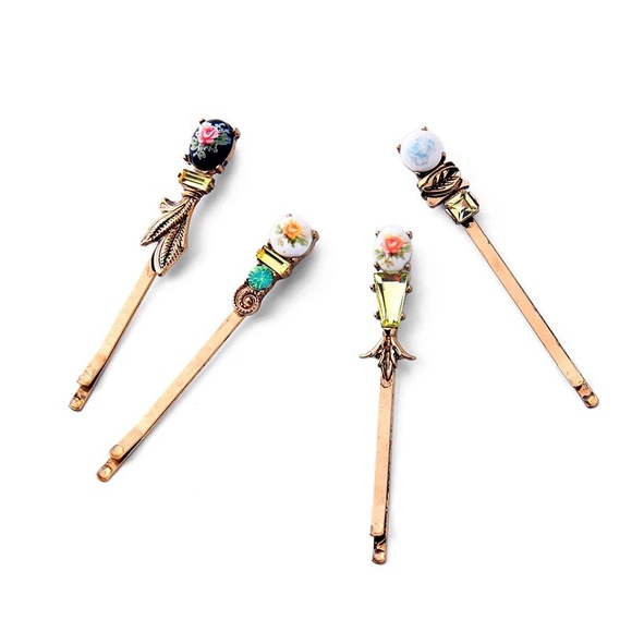 2/$35🖤 Set of 4 Vintage Style Floral Hair Clip Bobby Pins - Picture 2 of 8